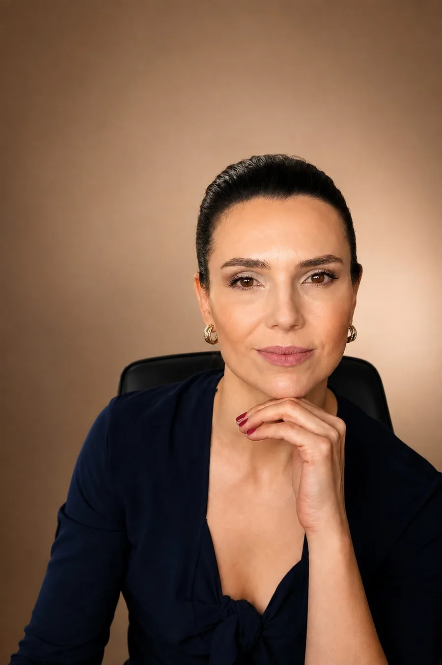 Retrato da Patrícia, com a mão no queixo e olhar sereno
